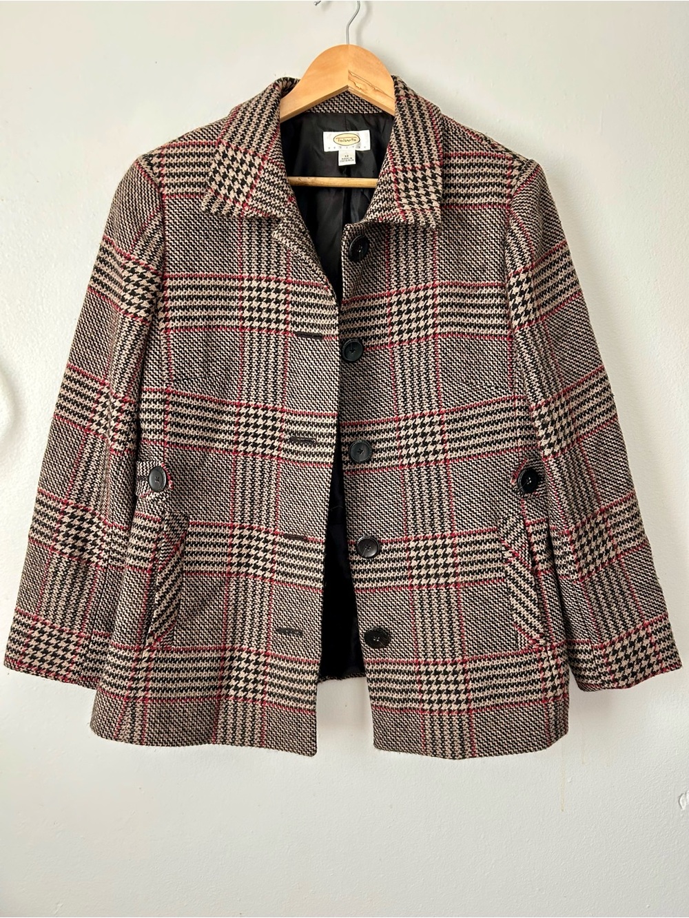 Talbots Petite 12P Wool Plaid Pea Coat Jacket Brown Red